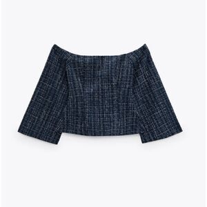 Zara Blue Black Tweed Textured Off-the-Shoulder Bell Flare Long Sleeves Top, NWT